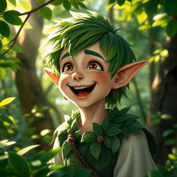 A joyful elf of the woods with luscious green hair and striking hazel eyes, depicted mid-laugh as he sings happily