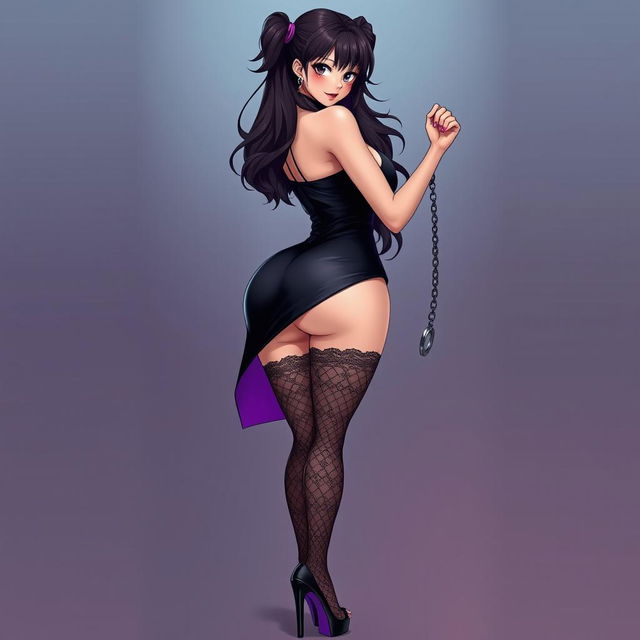 A very sexy anime woman with big breasts and a curvy big butt, dressed in a very revealing dress that accentuates her figure