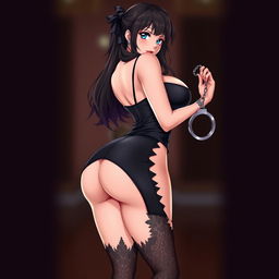 A very sexy anime woman with big breasts and a curvy big butt, dressed in a very revealing dress that accentuates her figure