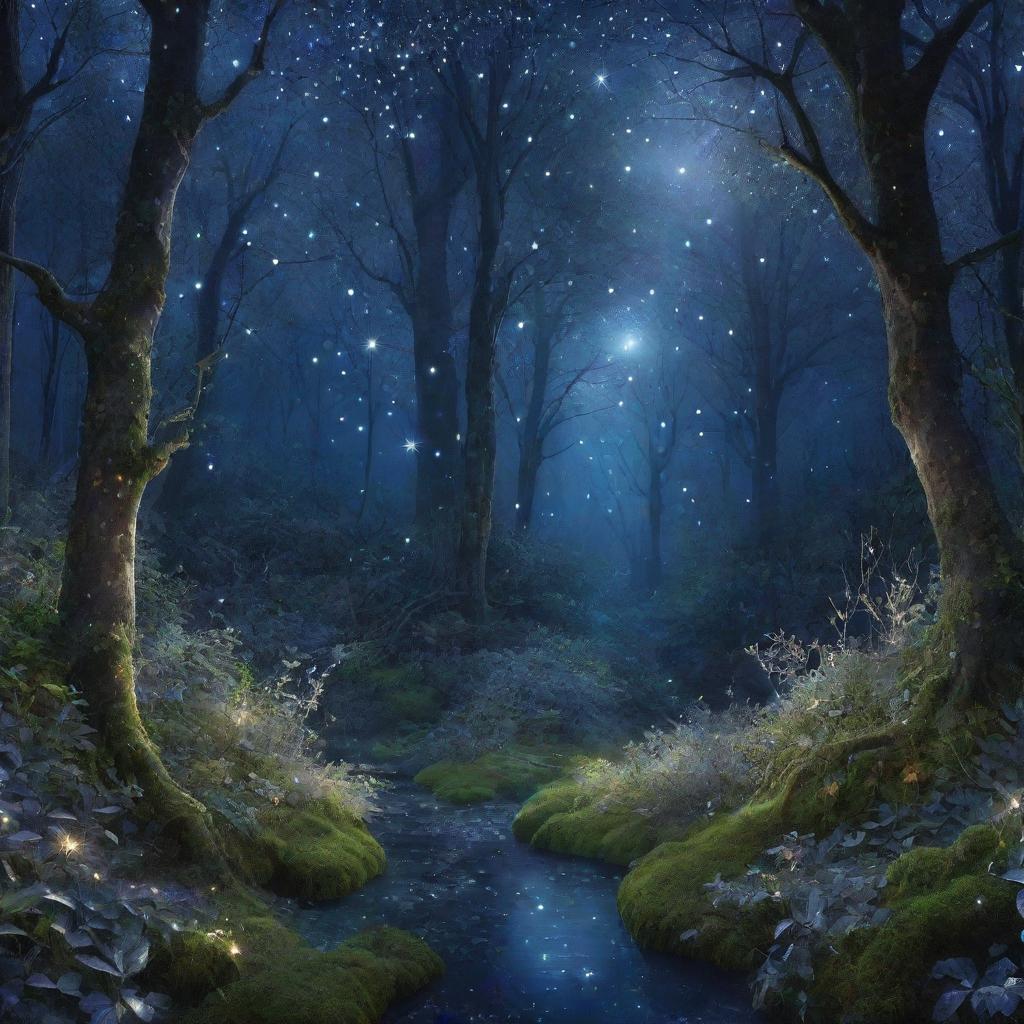 A mysterious and alluring fairyland glowing under the soft silvery moonlight with twinkling constellations in the midnight blue sky and luminescent crystals emerging from the lush, dreamlike forest foliage.