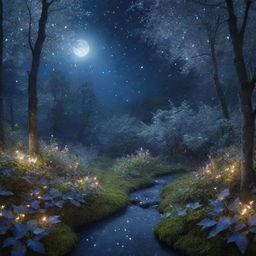 A mysterious and alluring fairyland glowing under the soft silvery moonlight with twinkling constellations in the midnight blue sky and luminescent crystals emerging from the lush, dreamlike forest foliage.