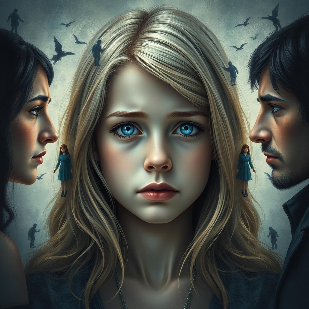 In the center, a beautiful girl with blue eyes and blonde hair reflects sadness and resignation, caught in an internal conflict between desire and regret