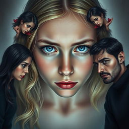 In the center, a beautiful girl with blue eyes and blonde hair reflects sadness and resignation, caught in an internal conflict between desire and regret