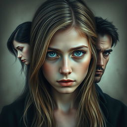 In the center, a beautiful girl with blue eyes and blonde hair reflects sadness and resignation, caught in an internal conflict between desire and regret