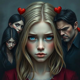 In the center, a beautiful girl with blue eyes and blonde hair reflects sadness and resignation, caught in an internal conflict between desire and regret