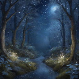 A mysterious and alluring fairyland glowing under the soft silvery moonlight with twinkling constellations in the midnight blue sky and luminescent crystals emerging from the lush, dreamlike forest foliage.