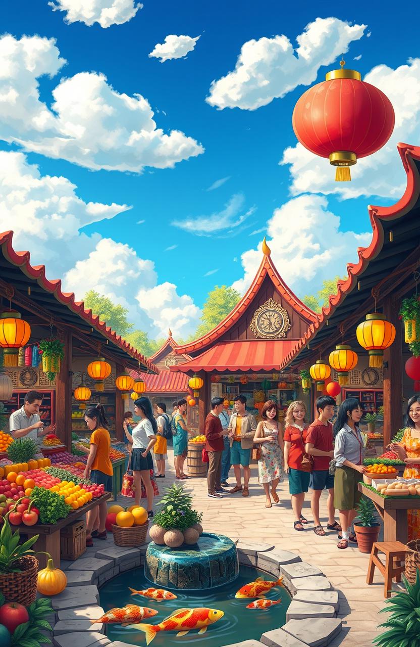 A vibrant fantasy market scene inspired by a whimsical Asian theme, featuring colorful stalls filled with a variety of exotic fruits, vegetables, and traditional crafts