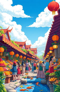 A vibrant fantasy market scene inspired by a whimsical Asian theme, featuring colorful stalls filled with a variety of exotic fruits, vegetables, and traditional crafts