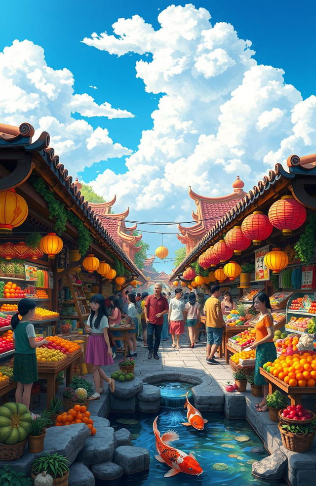 A vibrant fantasy market scene inspired by a whimsical Asian theme, featuring colorful stalls filled with a variety of exotic fruits, vegetables, and traditional crafts