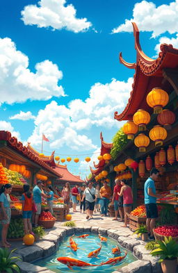 A vibrant fantasy market scene inspired by a whimsical Asian theme, featuring colorful stalls filled with a variety of exotic fruits, vegetables, and traditional crafts