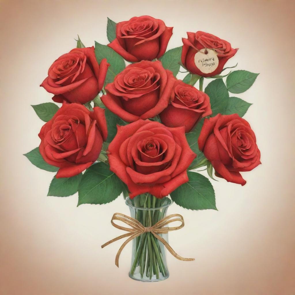 A handmade bouquet of bright red roses drawn in a whimsical, cartoon style, with a signature tag and decorative ribbon, intended as a romantic gift.