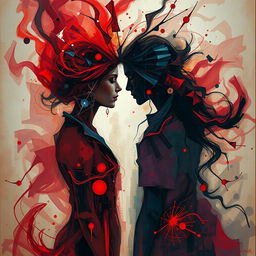 Simulate an abstract scene where two lovers confront each other, embodying the intricate emotions and unresolved issues between them