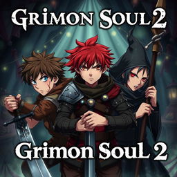 Dark fantasy anime cover titled 'Grimon Soul 2', featuring three 16-year-old boys looking battered and angry