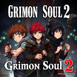 Dark fantasy anime cover titled 'Grimon Soul 2', featuring three 16-year-old boys looking battered and angry