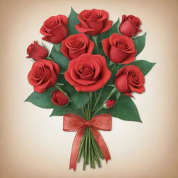 A handmade bouquet of bright red roses drawn in a whimsical, cartoon style, with a signature tag and decorative ribbon, intended as a romantic gift.