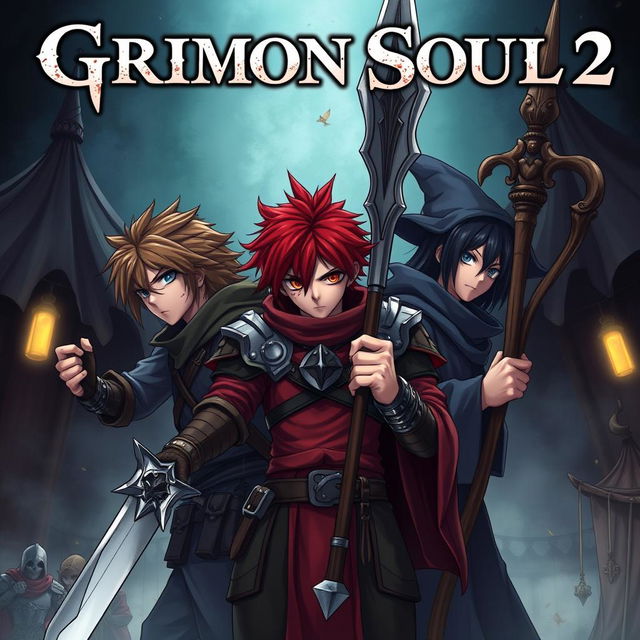 Dark fantasy anime cover titled 'Grimon Soul 2', featuring three 16-year-old boys looking battered and angry