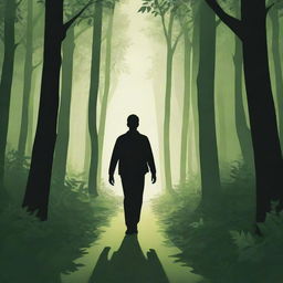 A vector-style image portraying a man wandering through a dense, verdant forest with shadows and light playing through the leaves.