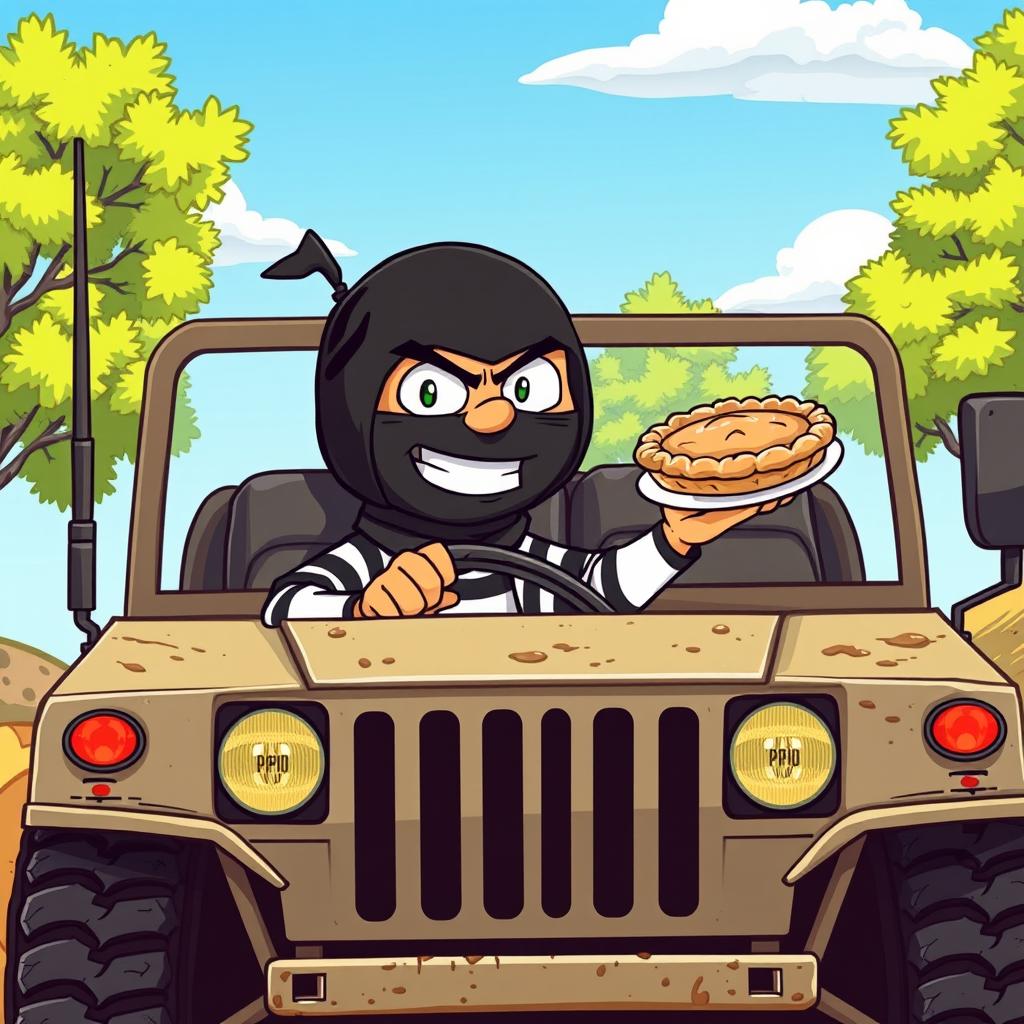 A cartoon-style illustration of an anthropomorphic apple pie bandit driving a military Humvee, wearing a mischievous grin