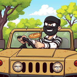 A cartoon-style illustration of an anthropomorphic apple pie bandit driving a military Humvee, wearing a mischievous grin