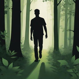 A vector-style image portraying a man wandering through a dense, verdant forest with shadows and light playing through the leaves.