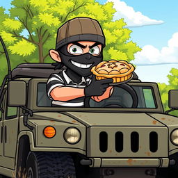 A cartoon-style illustration of an anthropomorphic apple pie bandit driving a military Humvee, wearing a mischievous grin