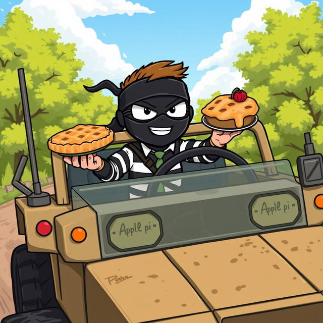 A cartoon-style illustration of an anthropomorphic apple pie bandit driving a military Humvee, wearing a mischievous grin