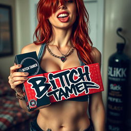 A close-up torso shot of a gorgeous female redhead wearing a tank top, adorned with punk chains