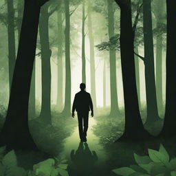 A vector-style image portraying a man wandering through a dense, verdant forest with shadows and light playing through the leaves.