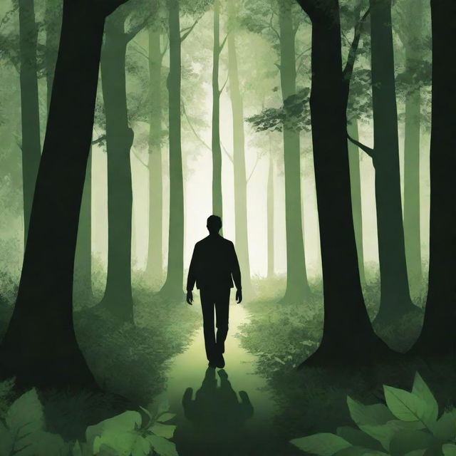 A vector-style image portraying a man wandering through a dense, verdant forest with shadows and light playing through the leaves.