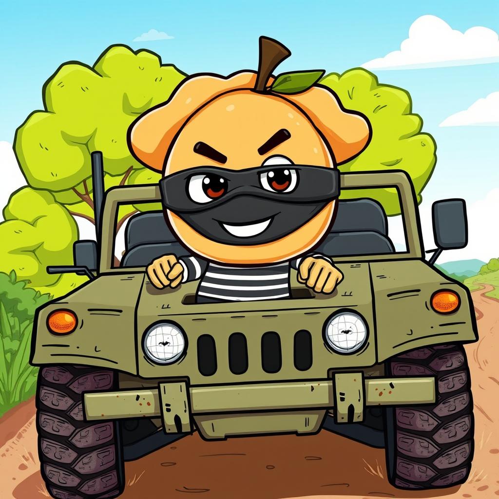 A cartoon-style illustration of an apple pie character dressed as a bandit, driving a military Humvee