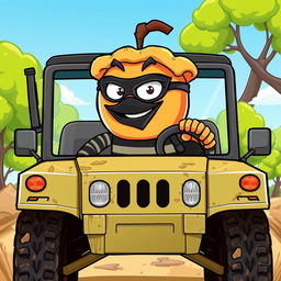 A cartoon-style illustration of an apple pie character dressed as a bandit, driving a military Humvee