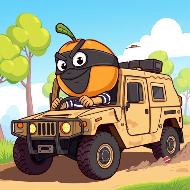 A cartoon-style illustration of an apple pie character dressed as a bandit, driving a military Humvee