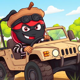 A cartoon-style illustration of an apple pie character dressed as a bandit, driving a military Humvee