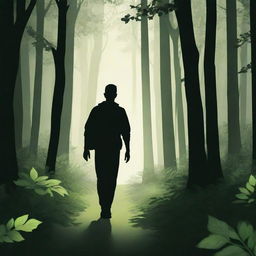 A vector-style image portraying a man wandering through a dense, verdant forest with shadows and light playing through the leaves.