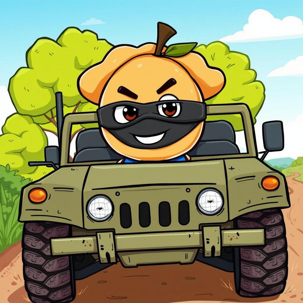 A cartoon-style illustration of a mischievous orange character, resembling an orange fruit with arms, wearing a black mask and a striped shirt, sitting in the driver's seat of a military Humvee