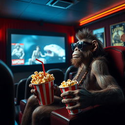 A prehistoric human sitting in a cinema, wearing stylish sunglasses, captivated by the large movie screen