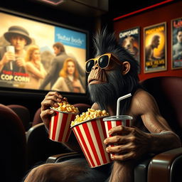 A prehistoric human sitting in a cinema, wearing stylish sunglasses, captivated by the large movie screen