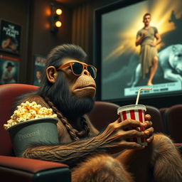 A prehistoric human sitting in a cinema, wearing stylish sunglasses, captivated by the large movie screen