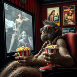 A prehistoric human sitting in a cinema, wearing stylish sunglasses, captivated by the large movie screen