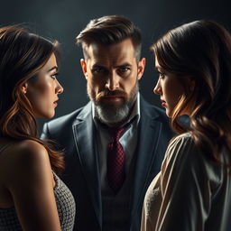 Simulate a high-quality scene featuring two beautiful, enamored girls facing off against a third figure: the ex-boyfriend of one of them, an attractive man with a well-groomed beard, impeccably dressed, yet exuding a possessive, sociopathic, egocentric, and manipulative demeanor