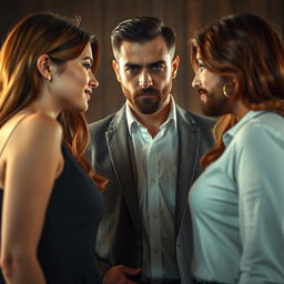 Simulate a high-quality scene featuring two beautiful, enamored girls facing off against a third figure: the ex-boyfriend of one of them, an attractive man with a well-groomed beard, impeccably dressed, yet exuding a possessive, sociopathic, egocentric, and manipulative demeanor