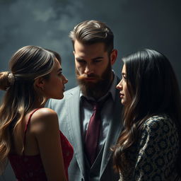 Simulate a high-quality scene featuring two beautiful, enamored girls facing off against a third figure: the ex-boyfriend of one of them, an attractive man with a well-groomed beard, impeccably dressed, yet exuding a possessive, sociopathic, egocentric, and manipulative demeanor