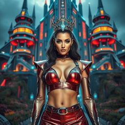 A stunning futuristic queen wearing a stylish crop top that accentuates her sexy physique and navel