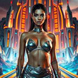 A stunning futuristic queen wearing a stylish crop top that accentuates her sexy physique and navel