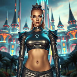 A stunning futuristic queen wearing a stylish crop top that accentuates her sexy physique and navel