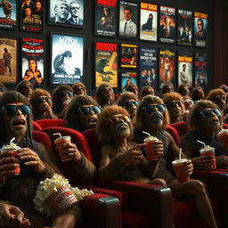 A lively cinema scene filled with numerous prehistoric humans, all wearing stylish sunglasses, enjoying a movie together