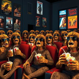 A lively cinema scene filled with numerous prehistoric humans, all wearing stylish sunglasses, enjoying a movie together