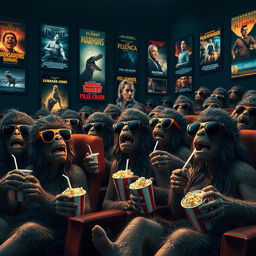 A lively cinema scene filled with numerous prehistoric humans, all wearing stylish sunglasses, enjoying a movie together