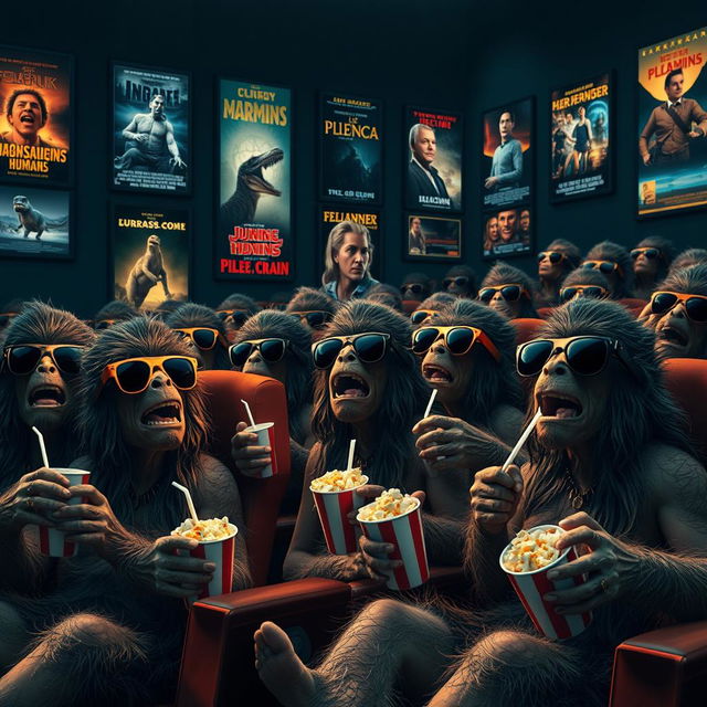 A lively cinema scene filled with numerous prehistoric humans, all wearing stylish sunglasses, enjoying a movie together