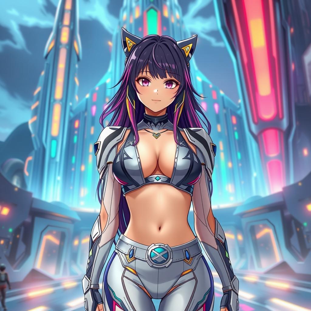 An anime-style futuristic queen in a stylish crop top that highlights her sexy body and navel